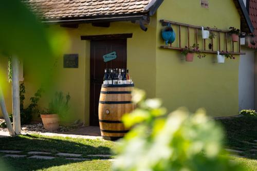 a bunch of bottles of wine in front of a house at Casa VIDA in Neštin