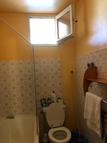 une salle de bain avec toilettes et fenêtre dans l'établissement Studio soleil montagne et rivière, à Amélie-les-Bains-Palalda