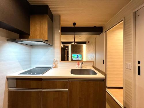 une cuisine avec un évier et un micro-ondes dans l'établissement Asakusa-Smile, à Tokyo