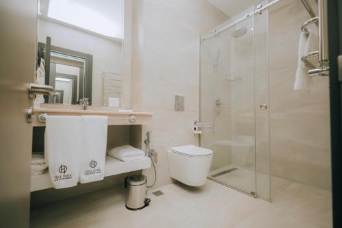 a bathroom with a toilet and a glass shower at Hill Park Gusar in Qusar
