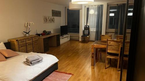 バーゼルにあるPremium Appartement Modern & Centralのベッド、テーブル、テレビが備わる客室です。