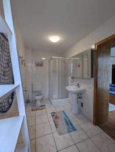 a bathroom with a shower and a sink and a toilet at Landhaus Oldorf in Rodenäs