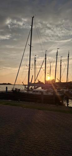 a boat is docked in a harbor at sunset at Chalet Babbelaar 6 - premium locatie in Lauwersoog