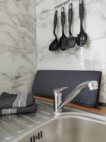 a kitchen sink with utensils hanging on a wall at "Cattus" studio apartman in Fužine