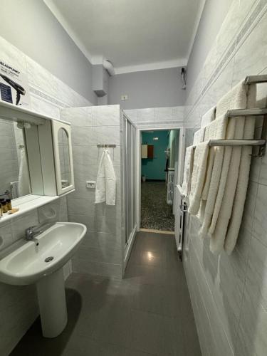 Un baño blanco con lavabo y ducha. en Vivi Aguilera apartament, en Bolonia