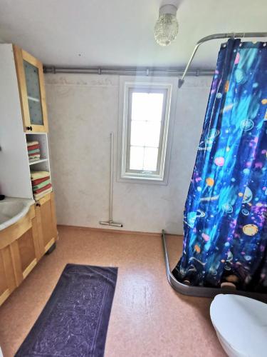 a room with a shower curtain with a window at Bond-Gården in Fågelmara