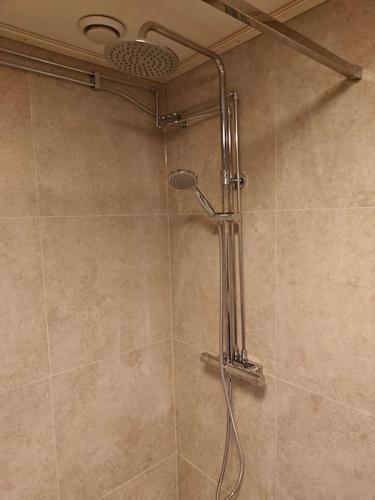 a shower with a shower head in a bathroom at Sea-loving house in Åhus