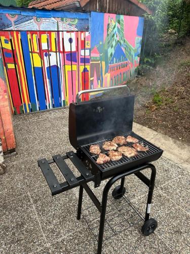 a barbecue grill with hamburgers on it in front of a mural at Lipno Lake House in Přední Výtoň