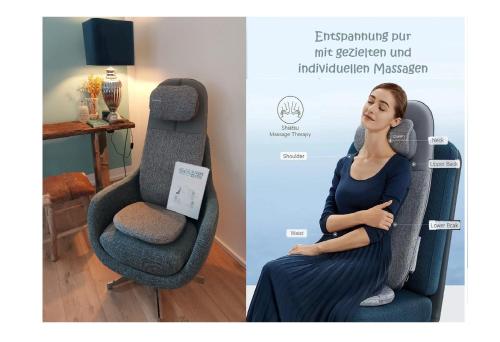 a woman sitting in a chair with a sign on it at Hafensuite iPURA VIDA! - für Leben-Genießer in Kappeln