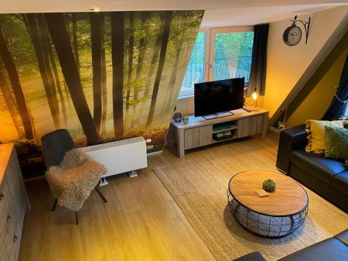 a living room with a couch and a tv at Sunclass Durbuy Chalet 98 Woody in Durbuy
