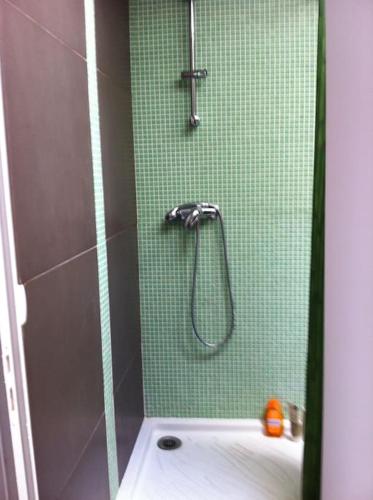 La salle de bains est pourvue d'une douche et d'un mur en carrelage vert. dans l'établissement joli studio bohème sous les toits de Paris, à Paris
