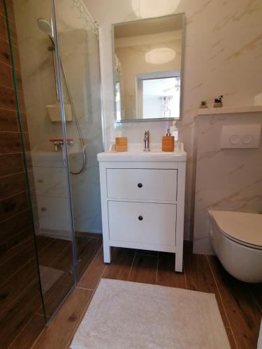 a white bathroom with a sink and a shower at House FIDULIĆ - apartment RUSTIC in Lumbarda