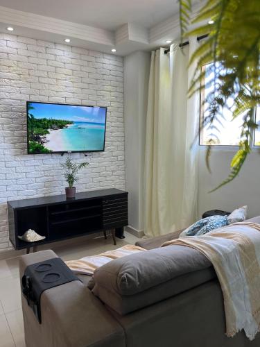 伯迪亚哥Ohanacaiçara apartamento próximo à praia do Sesc, completo e com Wi-Fi.的一间客厅,在砖墙上配有电视
