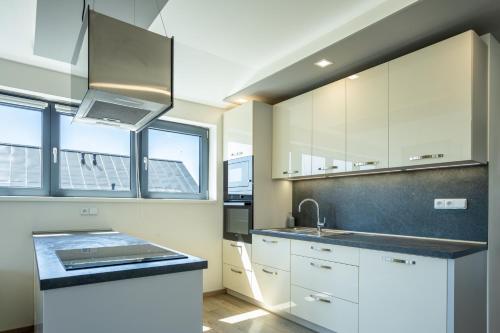 a kitchen with white cabinets and a sink at SCANDIC Apartments Boží Dar in Boží Dar