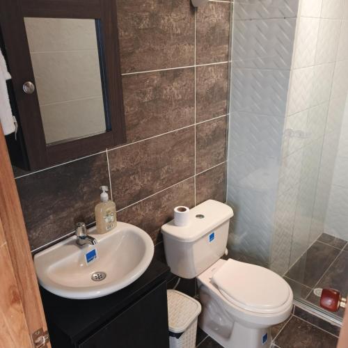 a bathroom with a toilet and a sink and a mirror at Comodas y agradables Habitaciones en Chipre in Manizales