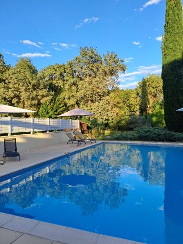 une piscine d'eau bleue et d'arbres dans l'établissement MAS D’OLIVE ET KALOU, à Sauve