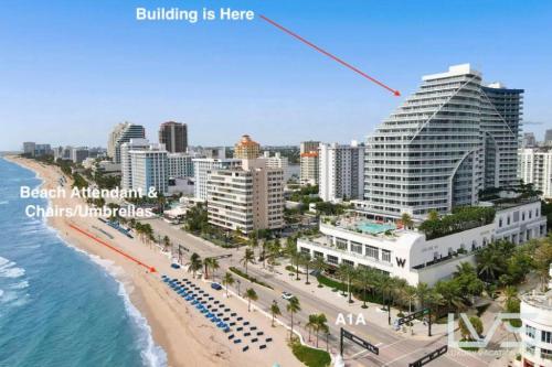 an aerial view of the beach and the ocean at W Hotel Ftl Beach 1509 Oceanview 2Bed 2Bath Condo Resort in Fort Lauderdale