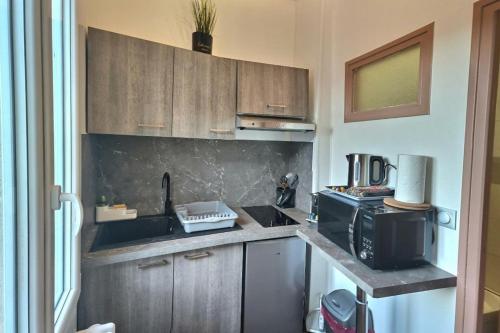 une petite cuisine avec un évier et un micro-ondes dans l'établissement Oasis Urbaine, à Évreux
