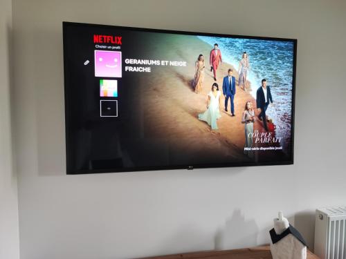 TV a/nebo společenská místnost v ubytování Géraniums Et Neige Fraîche, Maison d'Hôtes avec balnéo massante et sauna privatifs dans certaines suites haut standing