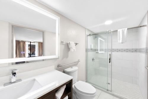 a bathroom with a shower and a sink and a toilet at Clarion Inn & Suites near the Leconte Center Pigeon Forge in Pigeon Forge