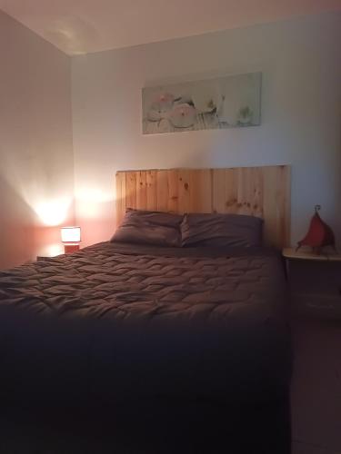 un lit avec une tête de lit en bois dans une chambre dans l'établissement La véranda au domaine de Tara, à LʼHôpital-du-Grosbois