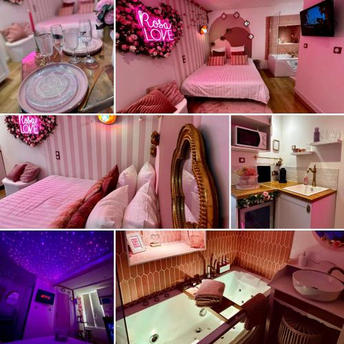 un collage de photos d'une chambre avec des meubles roses dans l'établissement Romantic Room - Balnéo - Ciel Etoilé - Free Wifi - Netflix - Hyper Centre, à Pézenas