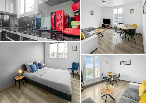 quatre photos différentes d'une chambre et d'un salon dans l'établissement L'Échappée du Mans, au Mans