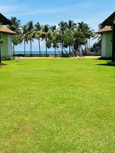 a large grass field with palm trees in the background at Kamili Beach Resort, Kalutara in Kalutara