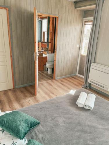 a room with a bed and a bathroom with a toilet at Villa de Charme en Haute-Savoie in Clarafond