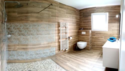 une salle de bain avec douche et toilettes dans l'établissement Maison Emeraude à Gan 64290, à Gan