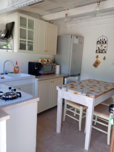 a kitchen with a table and a refrigerator at Casa Pietro in Valledoria