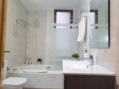 a bathroom with a sink and a tub and a toilet at Casa Ángel Ayuntamiento Centro in Logroño
