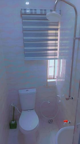 a white bathroom with a toilet and a sink at Fehintola Apartment in Abeokuta