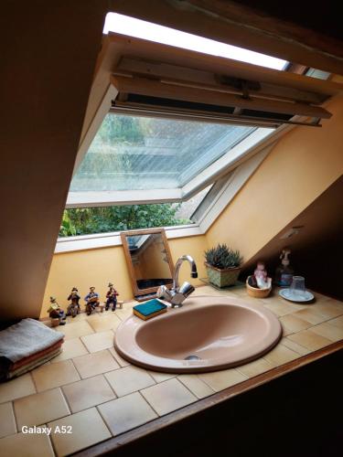 a bathroom with a sink and a skylight at Chambres dans longère particulière in Dierre