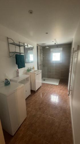 La grande salle de bains est pourvue d'un lavabo et d'une douche. dans l'établissement Dom Nouvelle Vie, à Bergerac