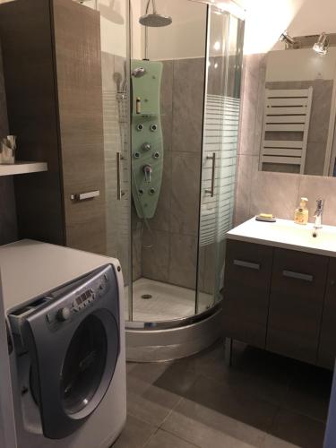 une salle de bain avec douche et machine à laver dans l'établissement Appartement 2 étoiles entre les Maures et Méditerranée, à La Londe-les-Maures
