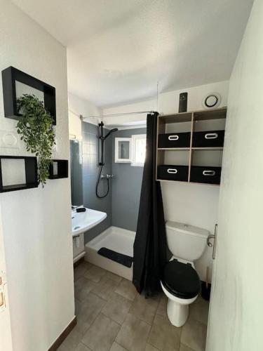 une salle de bain avec toilettes et lavabo dans l'établissement Appartement résidence cap d'Agde, au Cap d'Agde