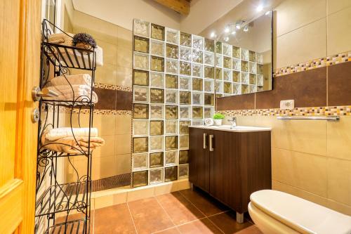 Un baño con inodoro, lavabo y espejo. en Casa Vista Teide con Jardín, Barbacoa y Fuente Zen, en Icod de los Vinos