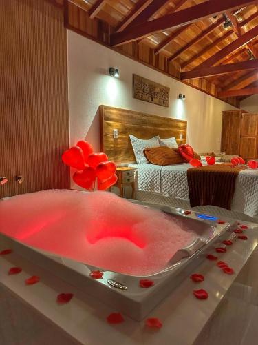 a bath tub filled with red liquid in a room at Monte Verde Lofts Araucária in Monte Verde