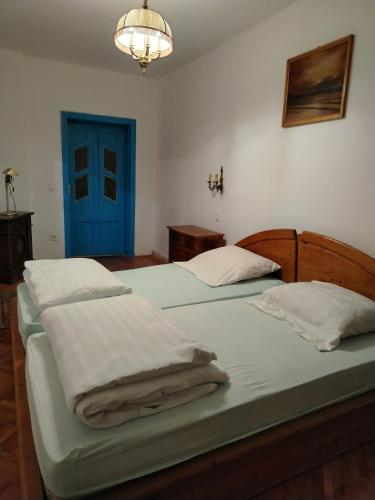 two beds in a bedroom with a blue door at Alexandra in Mediaş