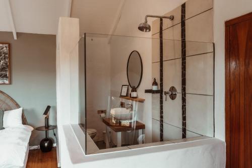 a bathroom with a shower with a mirror and a tub at Stanley Island in Plettenberg Bay