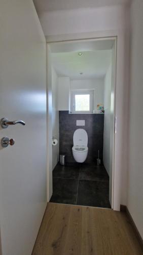 a bathroom with a white toilet in a room at Haus Montis in Haus im Ennstal