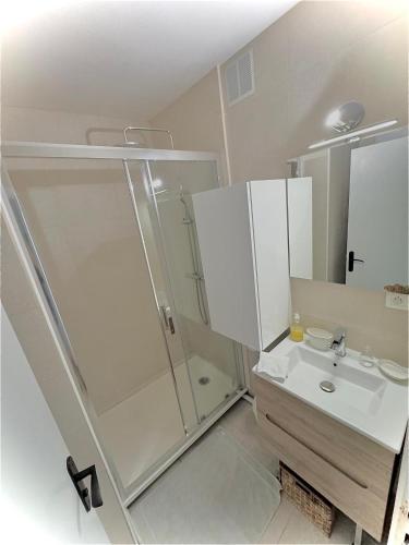 une salle de bain blanche avec une douche et un lavabo dans l'établissement le Petit Pénitent Quartier Doré, à Marvejols