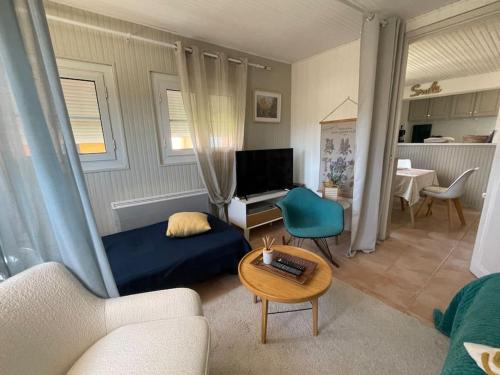 un salon avec un canapé et une table dans l'établissement Au bord du ciel Magnifique appartement à Bandol, à Bandol