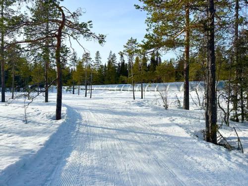 a snow covered road with trees in a field at Lägenhet Sälen, Lindvallen Städ ingår i priset in Lindvallen