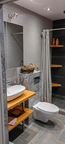 a bathroom with a white toilet and a sink at Ozas Park Apartments in Vilnius