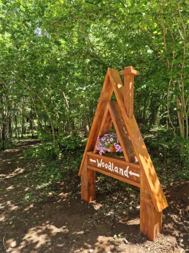 a wooden sign with flowers in a garden at Woodland Brezna in Pluzine