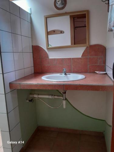 a bathroom with a sink and a mirror at Hostal Hansi in Bocas del Toro