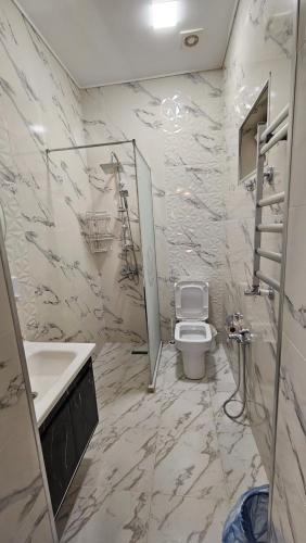 a bathroom with a toilet and a sink at New Milan Mountain Ponoramic Hotel, with indoor heated swimming pool in Gabala