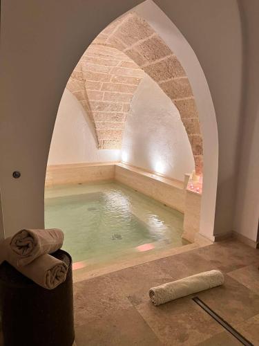 a pool of water in a room with an archway at Zahra Superior Suite with private pool in Sannicola